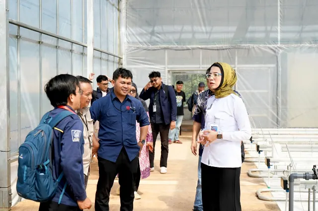 Kepala Biro Hukum dan Humas BGN, Khairul Hidayati, dalam kunjungan ke fasilitas Smart Greenhouse milik Badan Riset dan Inovasi Nasional (BRIN) di Kawasan Sains dan Teknologi (KST) Soekarno, Cibinong, Selasa (14/4).