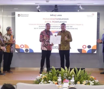 Direktur Utama Telkom Nanang Hendarno (ketiga dari kiri) dan Direktur Utama InfraNexia Lukman Hakim Abd. Rauf (kedua dari kanan) usai penandatanganan akta pemisahan (deed of spin-off) oleh Telkom dan Infranexia, di Jakarta Rabu (30/9), disaksikan Managing Director Business 2 PT Danantara Asset Management Setyanto Hantoro (paling kanan).